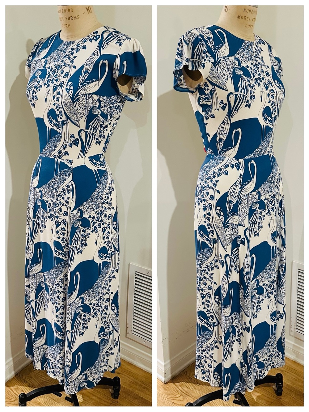 REFORMATION Gavin Open Back Midi Dress w/ Slit in Avian Blue & Cream, Size 8 - Picture 4 of 7